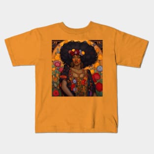 Beautiful Black Woman Woman with Flowers, Art Nouveau Kids T-Shirt